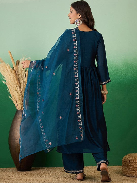 Navy Blue Embroidered A Line Kurta With Palazzo & Dupatta Set