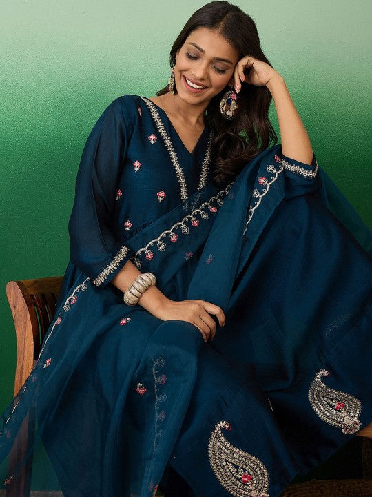 Navy Blue Embroidered A Line Kurta With Palazzo & Dupatta Set