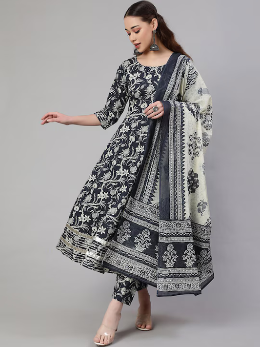 Navy Blue & White Floral Printed Pure Cotton Kurta With Trousers & Dupatta