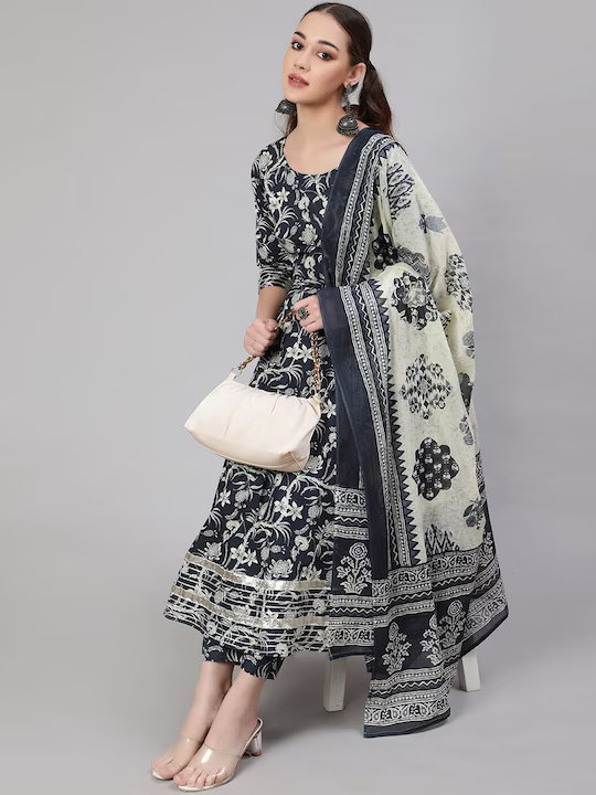 Navy Blue & White Floral Printed Pure Cotton Kurta With Trousers & Dupatta