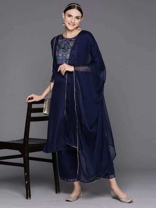 Women Cotton Blend Kurta Palazzo Dupatta Set