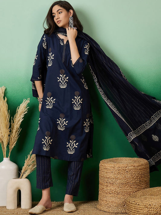 Notch Neck Printed Pure Cotton Kurta With Trousers & Dupatta