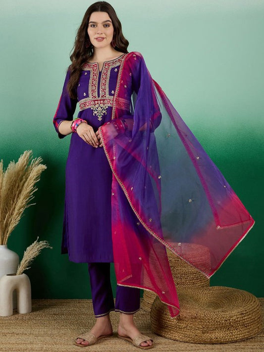 Notch Neck Straight Kurta With Trousers & Dupatta