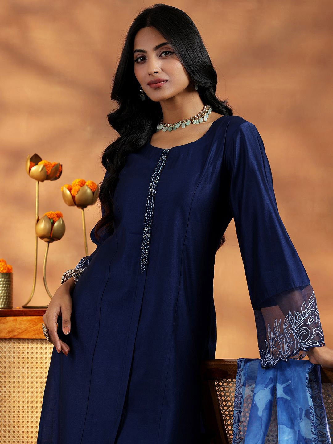 Women Yoke Design Panelled Beads and Stones Kurta with Trousers & With Dupatta