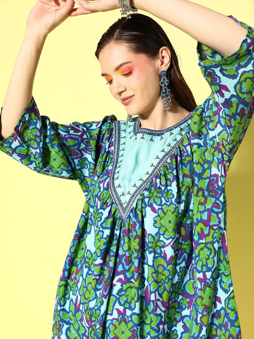 Ocean Blue & Green Printed Short It Is A-Line Ethnic Dress