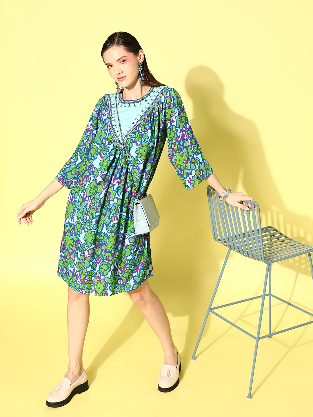 Ocean Blue & Green Printed Short It Is A-Line Ethnic Dress