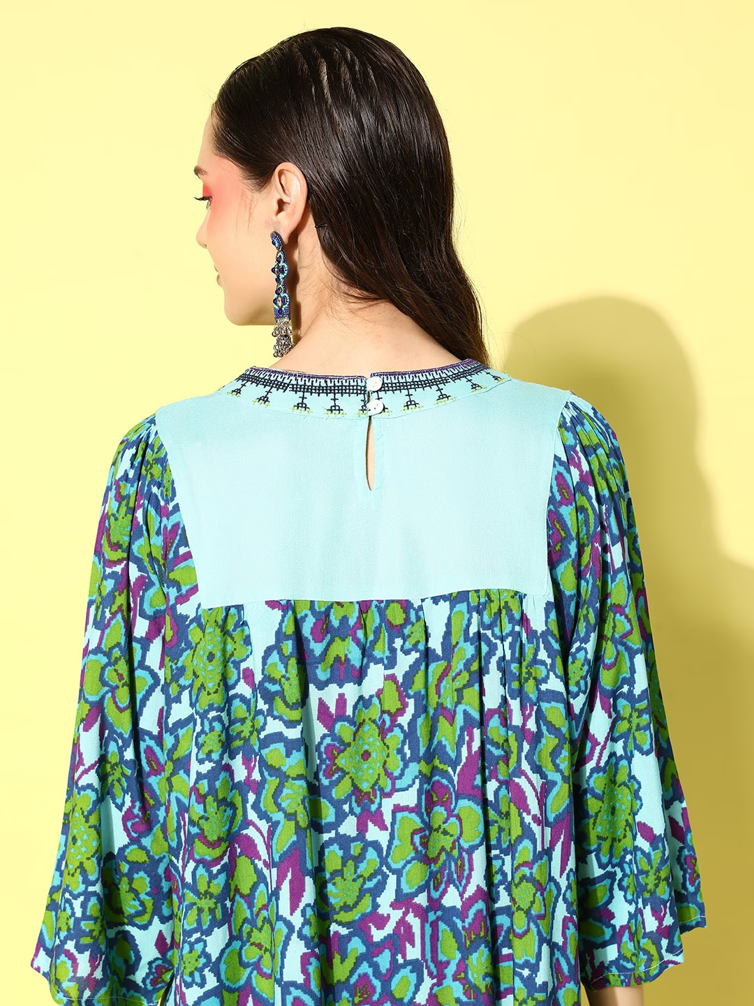 Ocean Blue & Green Printed Short It Is A-Line Ethnic Dress