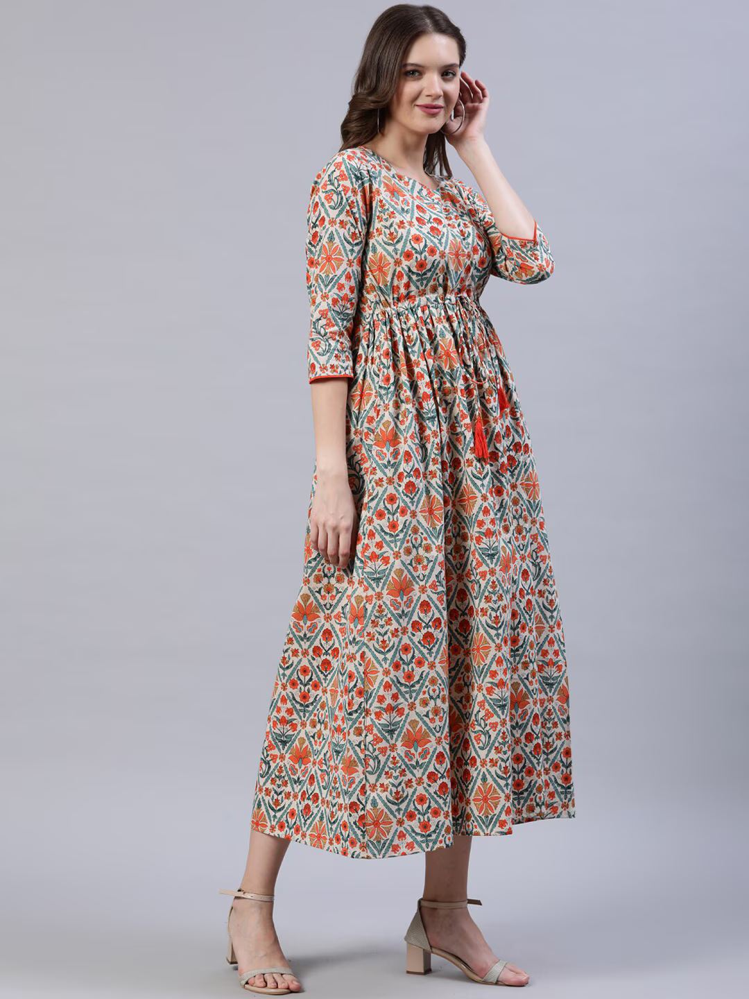 Off White Ethnic Motifs Empire Midi Dress