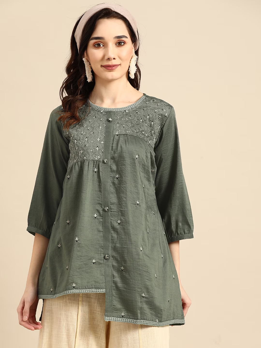 Olive Green Embroidered Longline Top