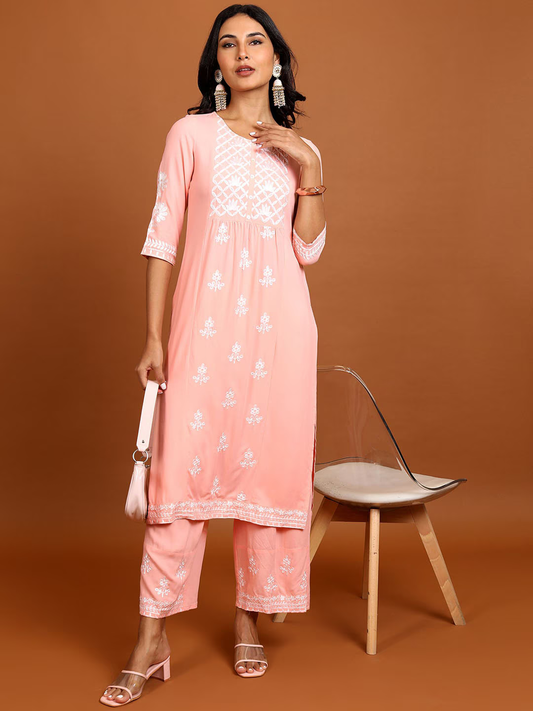 Peach Coloured Floral Embroidered Straight Kurta with Palazzos