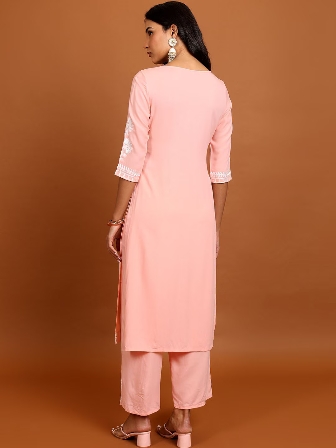 Peach Coloured Floral Embroidered Straight Kurta with Palazzos