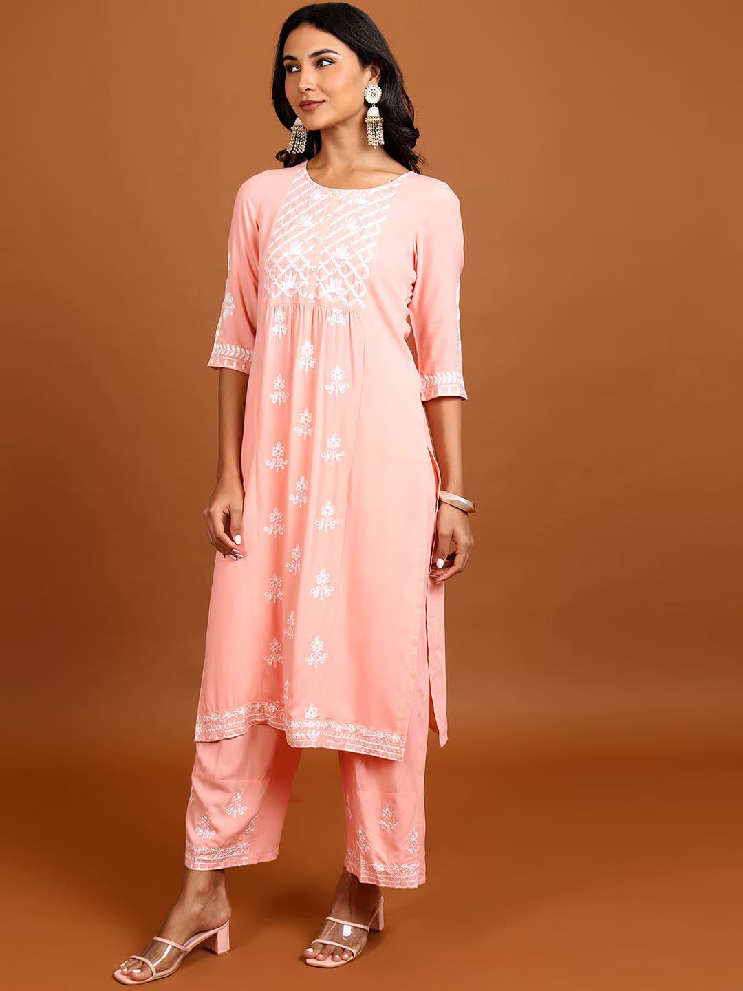 Peach Coloured Floral Embroidered Straight Kurta with Palazzos