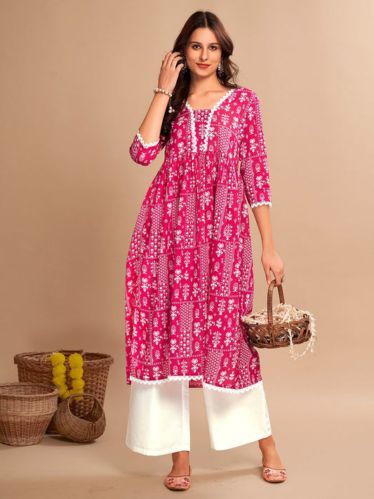 Pink Ethnic Motifs Printed V Neck Regular Pure Cotton Kurta with Palazzos