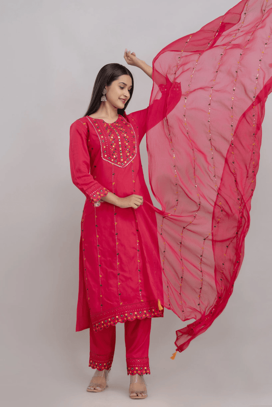 Women Viscose Rayon Kurta Pant Dupatta Set