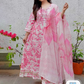 Floral Printed Mirror Work Anarkali Pure Cotton Kurta with Palazzo & Dupatta