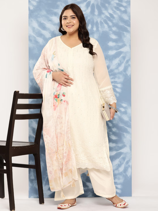 Plus Size Floral Embroidered Thread Work Kurta with Trousers & Dupatta