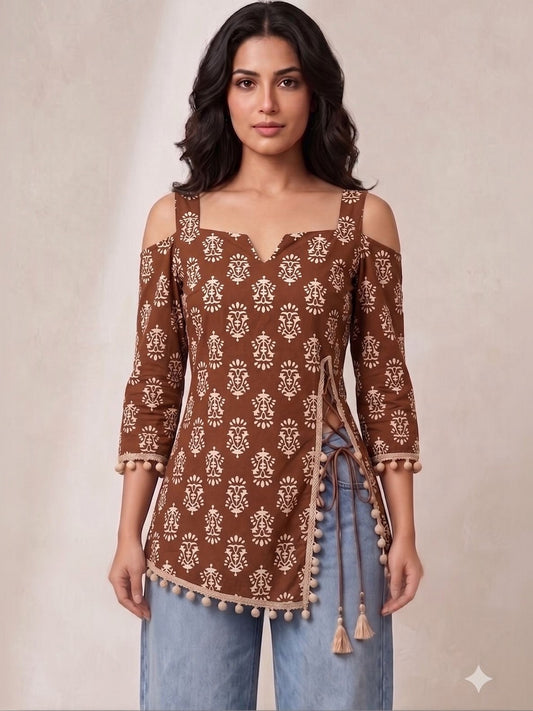 Women Print Cold-Shoulder Ethnic Top