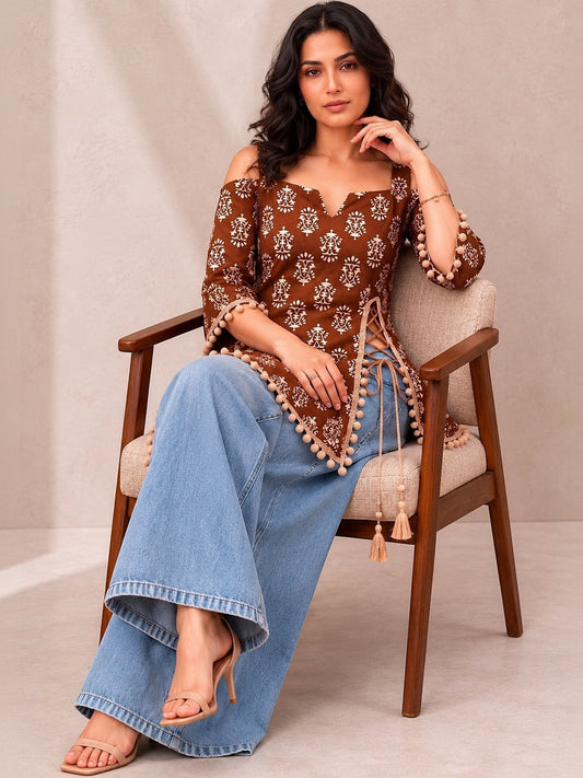 Women Print Cold-Shoulder Ethnic Top