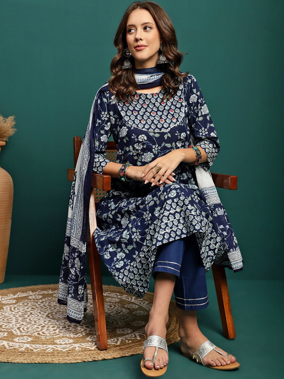 Printed Pure Cotton Anarkali Kurta With Trouser & Dupatta Set