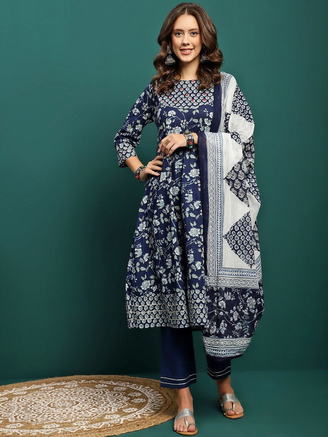 Printed Pure Cotton Anarkali Kurta With Trouser & Dupatta Set