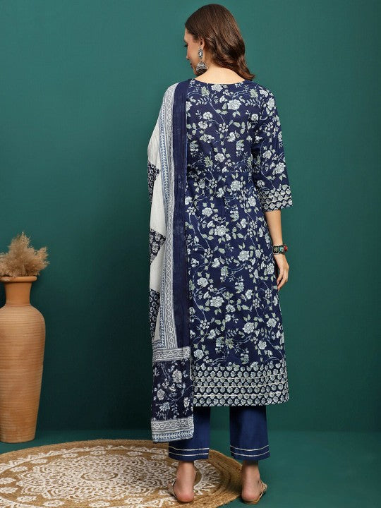 Printed Pure Cotton Anarkali Kurta With Trouser & Dupatta Set