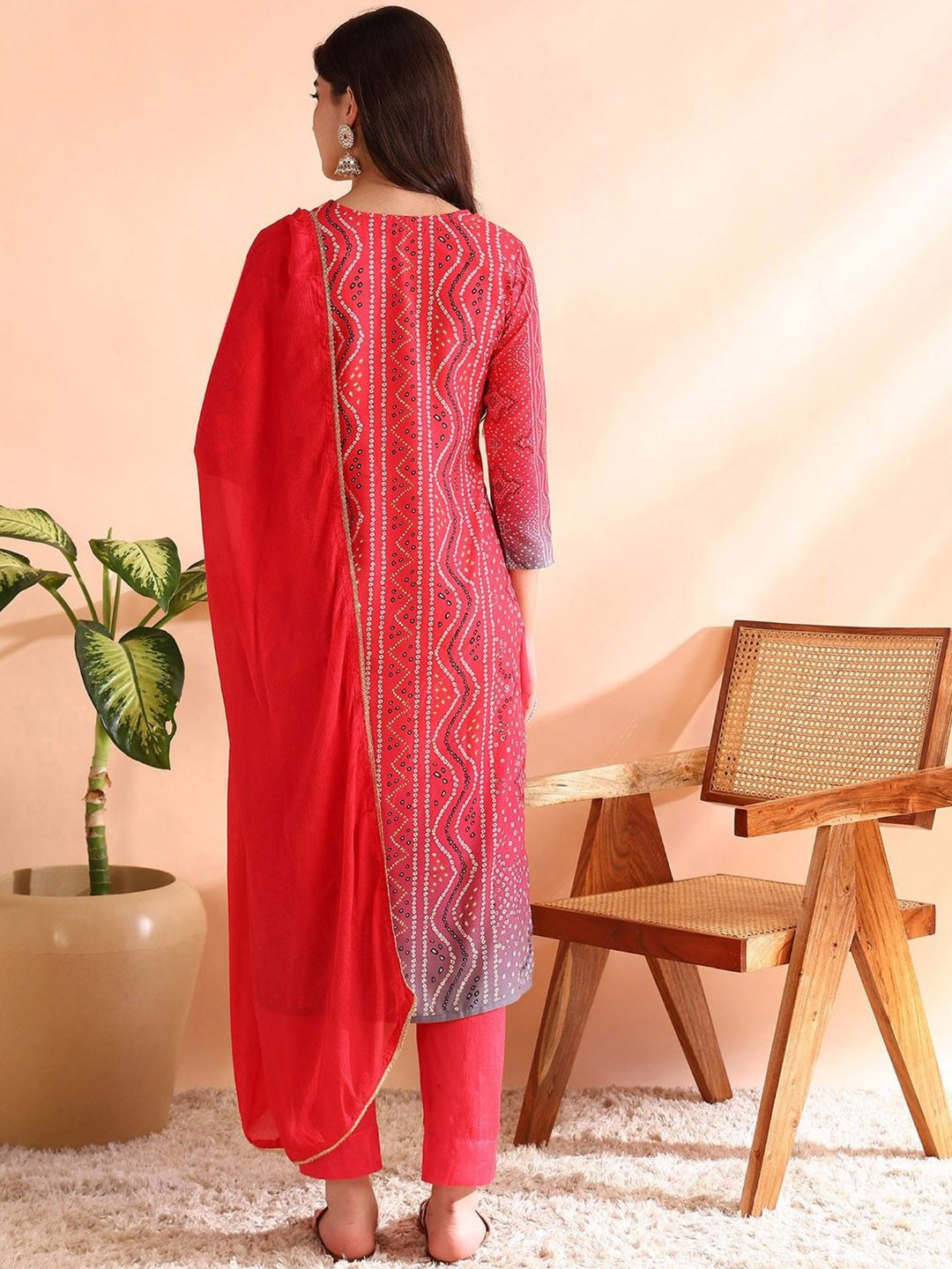 Women Bandhani Printed Regular Kurta with Trousers & With Dupatta