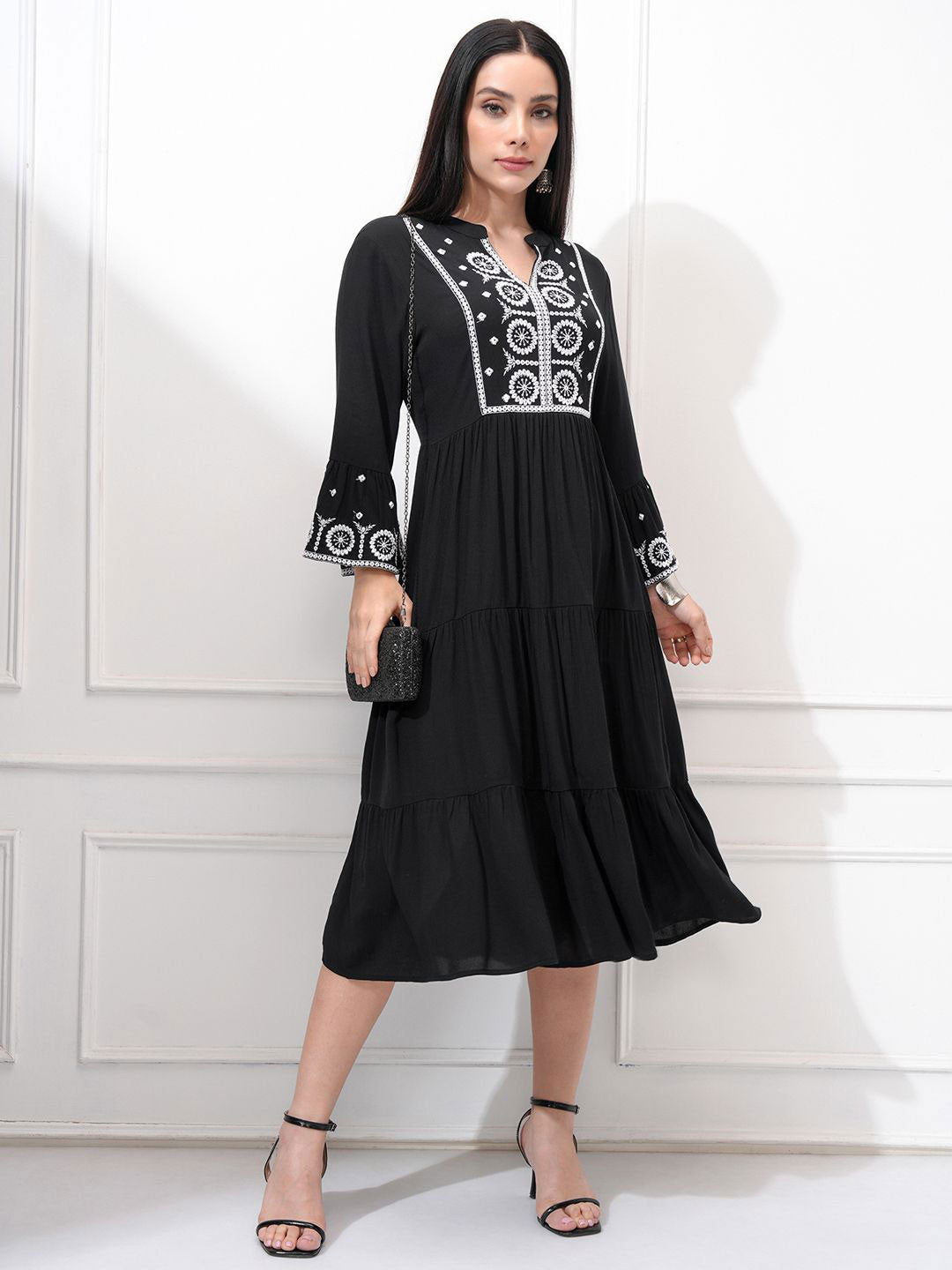 Women Embroidered Tie Midi Dress