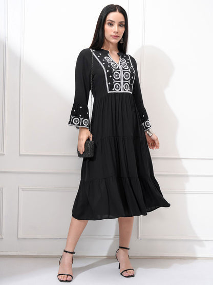 Women Embroidered Tie Midi Dress