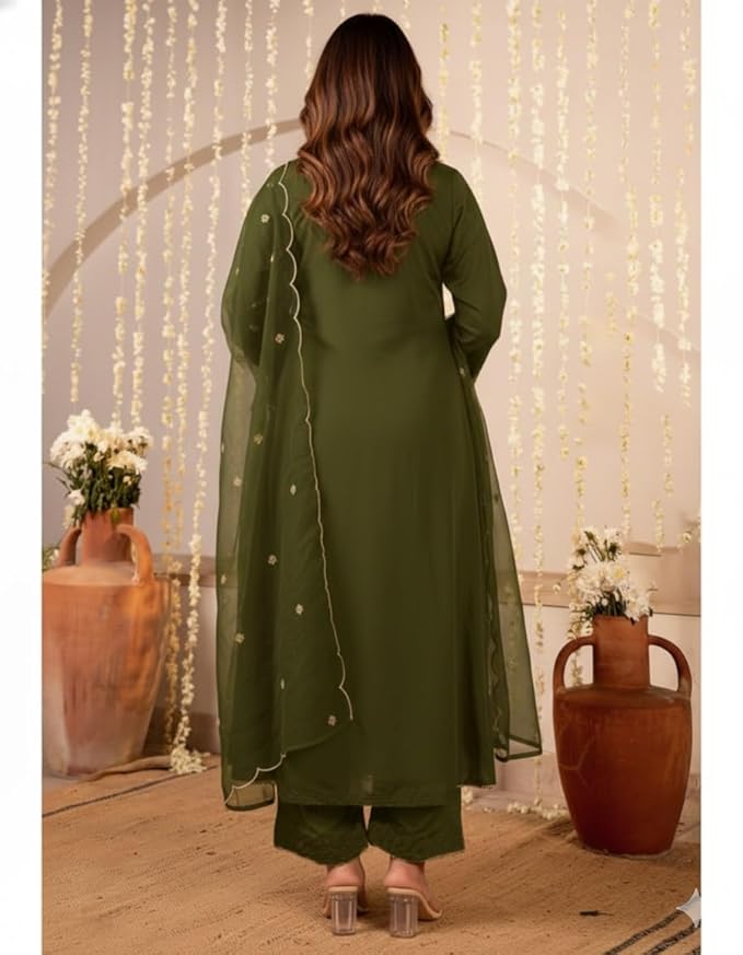 Women Embroidery Solid Anarkali Kurta and Pant Set with Dupatta