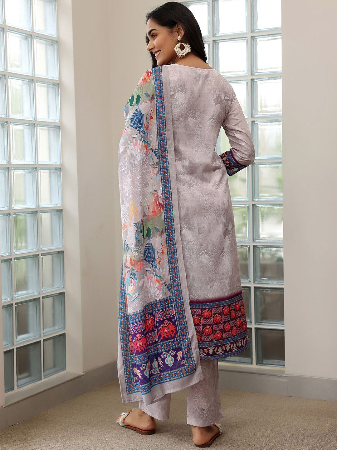 Floral Printed Regular Mirror Work Linen Straight Kurta with Trousers & Dupatta