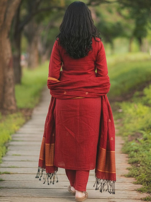 Ethnic Motifs Round Neck Thread Work Straight Kurta With Trousers & Dupatta
