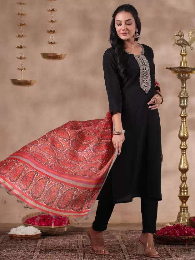 Women Silk Blend Kurta Trouser Dupatta Set