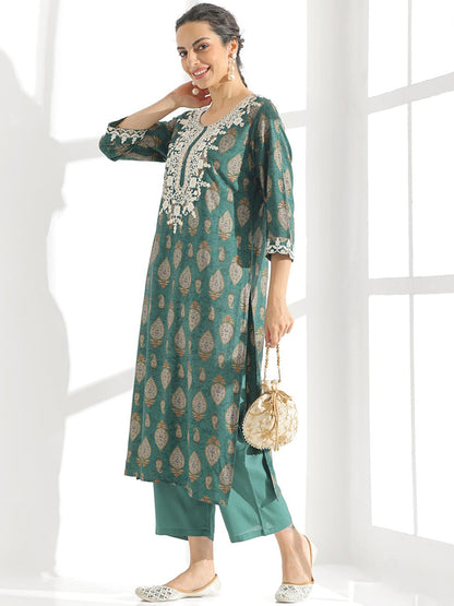 Green Ethnic Motifs Printed Thread Work Detailed Straight Kurta With Palazzo