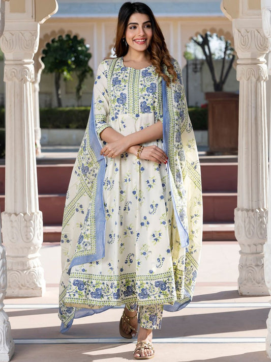 Women Floral Printed Regular Pure Cotton Kurta with Trousers & With Dupatta