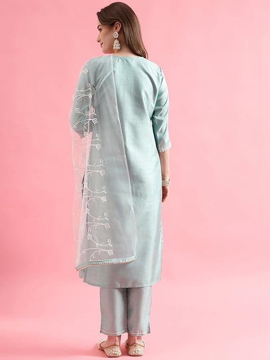 Women's Silk Blend Kurta Pant Set with Net Embroidery Dupatta