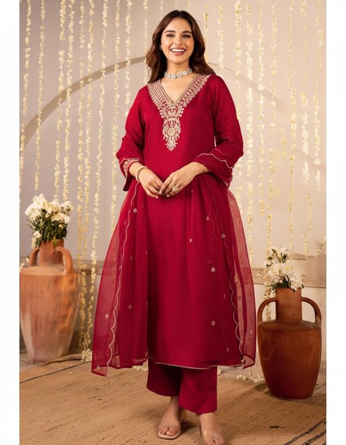 Women Embroidery Solid Anarkali Kurta and Pant Set with Dupatta