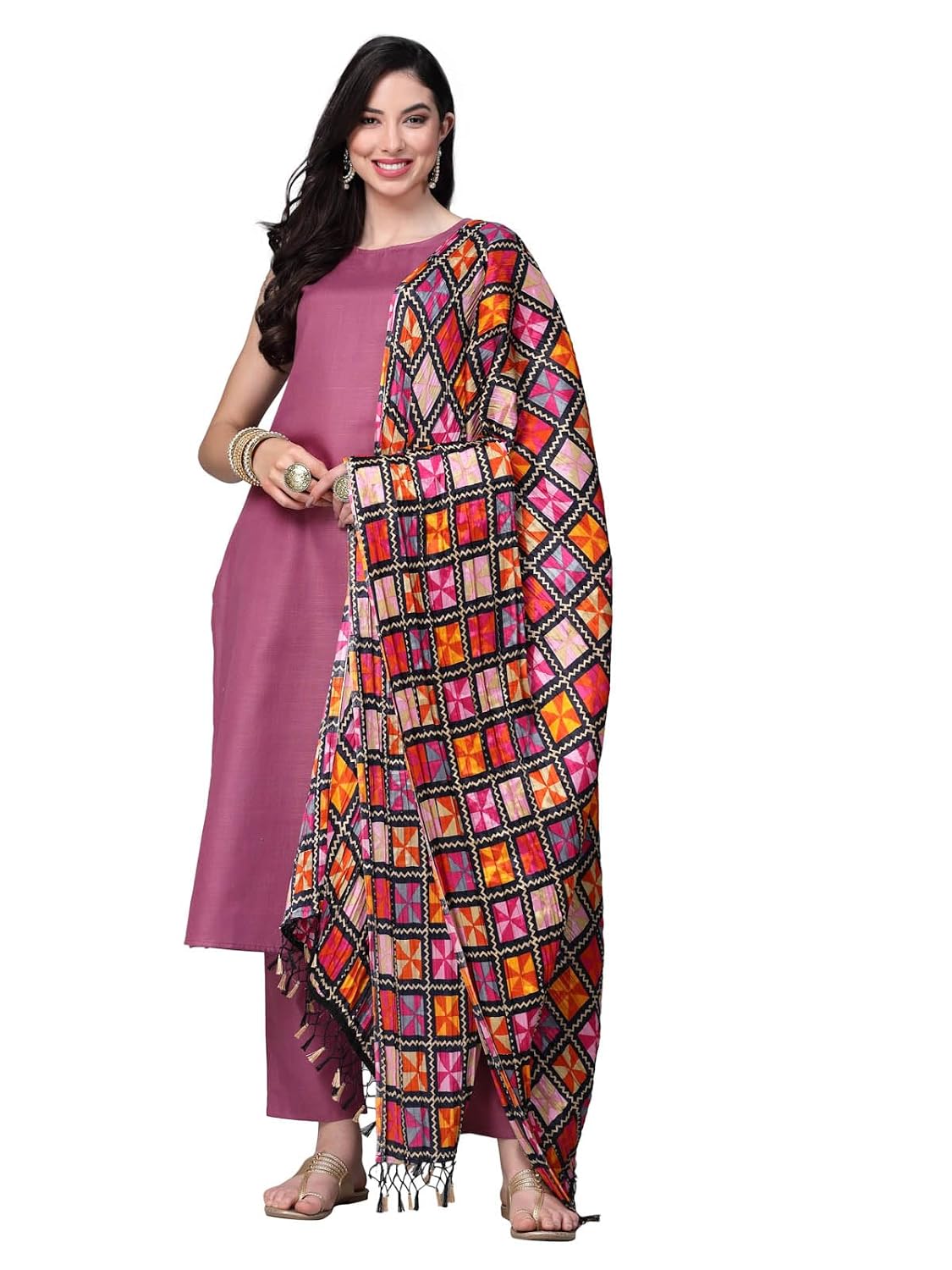 Women's Mauve Solid Cotton Blend Straight Kurta Pant Dupatta Set