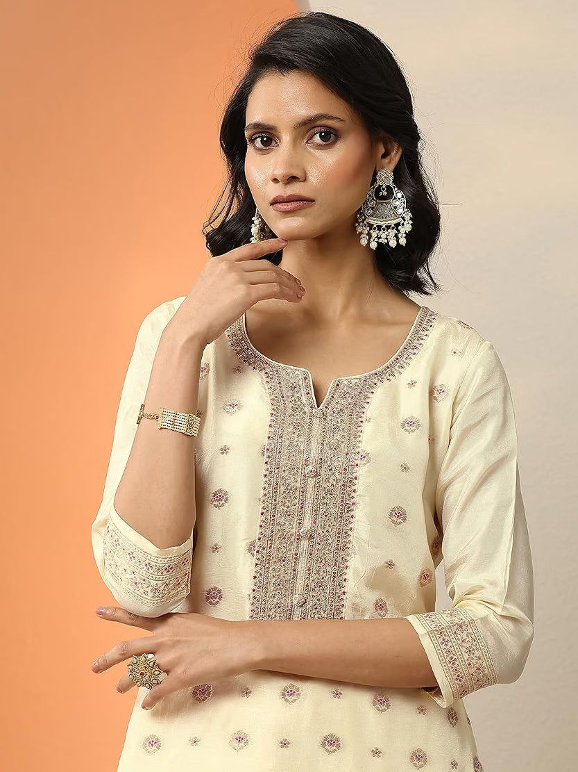 Woven Design Silk Blend Straight Kurta With Trouser and Dupatta