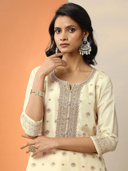 Woven Design Silk Blend Straight Kurta With Trouser and Dupatta