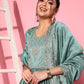 Women Blue Ethnic Motifs Embroidered Sequinned Kurta With Trousers & Dupatta