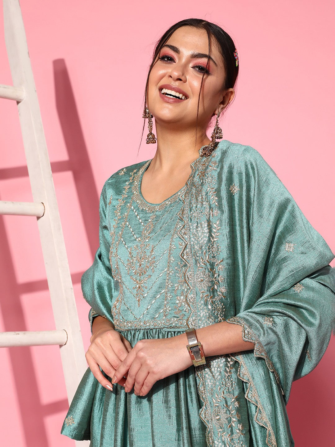 Women Blue Ethnic Motifs Embroidered Sequinned Kurta With Trousers & Dupatta