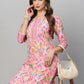 Women's Pink Cotton Blend Straight Printed Kurta with Pant Set