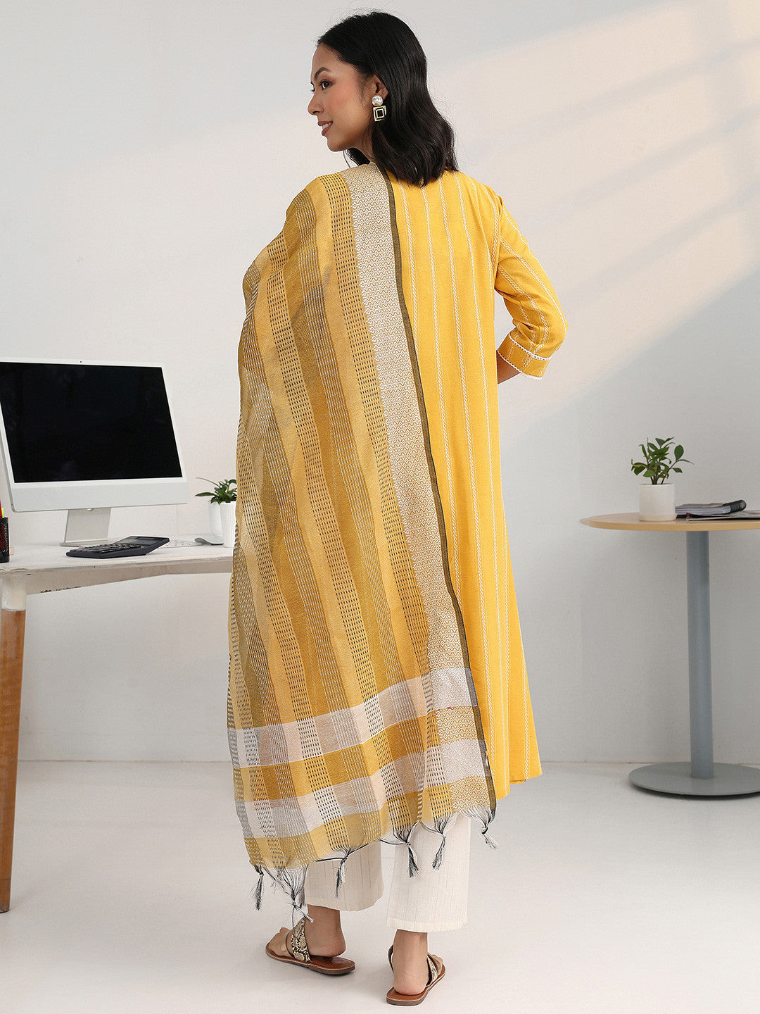 Women Striped Regular Thread Work Kurta with Trousers & With Dupatta