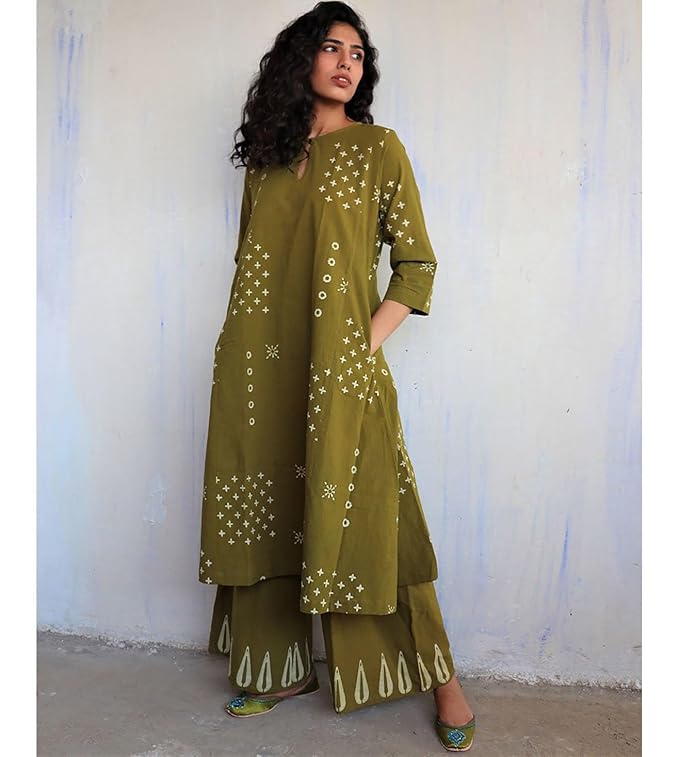 Mehandi Cotton Kurta Palazzo Set