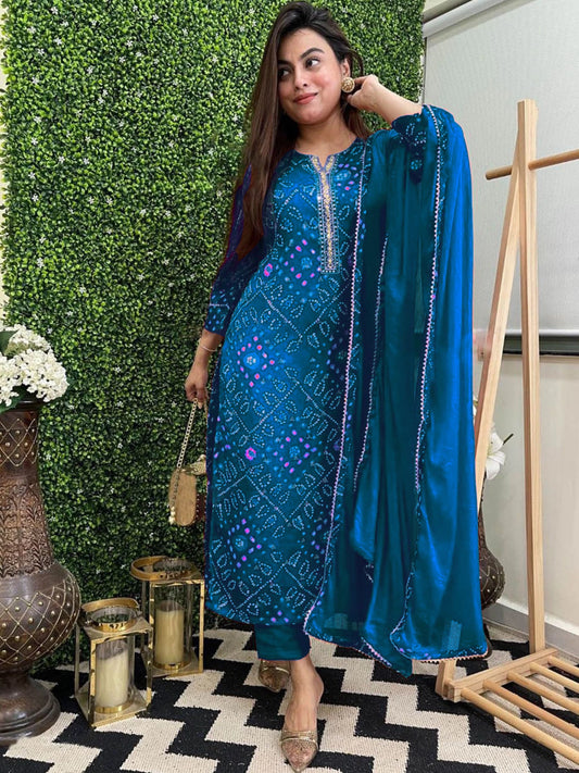 Women Blue Cotton Rayon Kurta Pant Dupatta Set