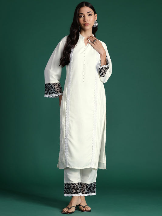 Floral Embroidered Panelled Beads and Stones Kurta with Trousers