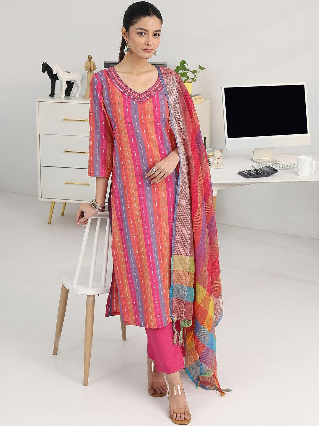 Women Striped Regular Thread Work Kurta with Trousers & With Dupatta