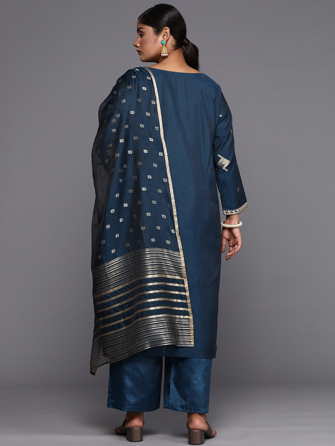 Plus Size Ethnic Motifs Regular Sequinned Chanderi Silk Kurta Set