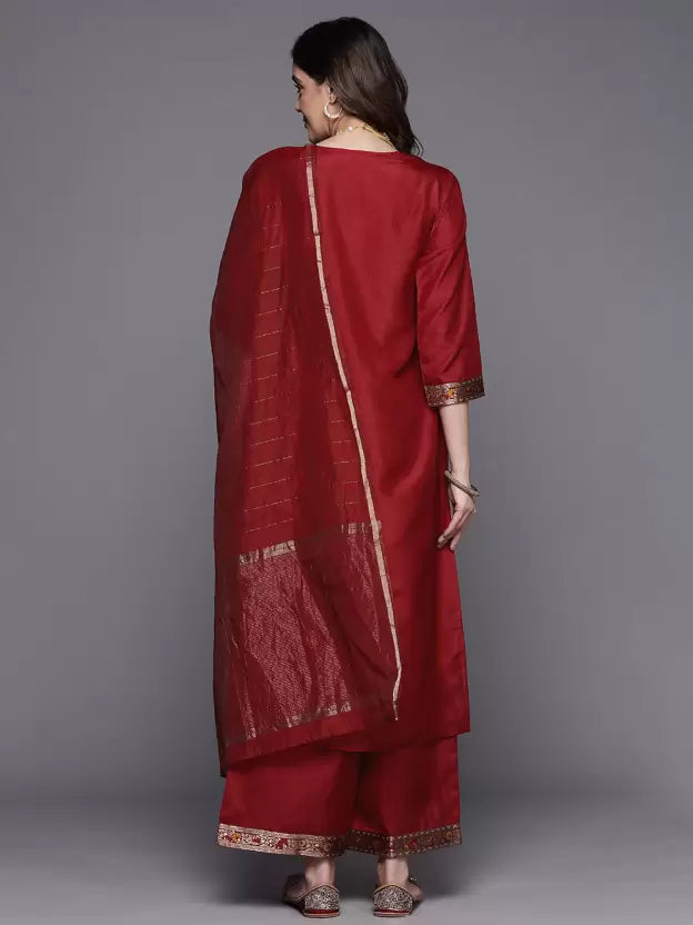 Women Red Cotton Blend Kurta Palazzo Dupatta Set