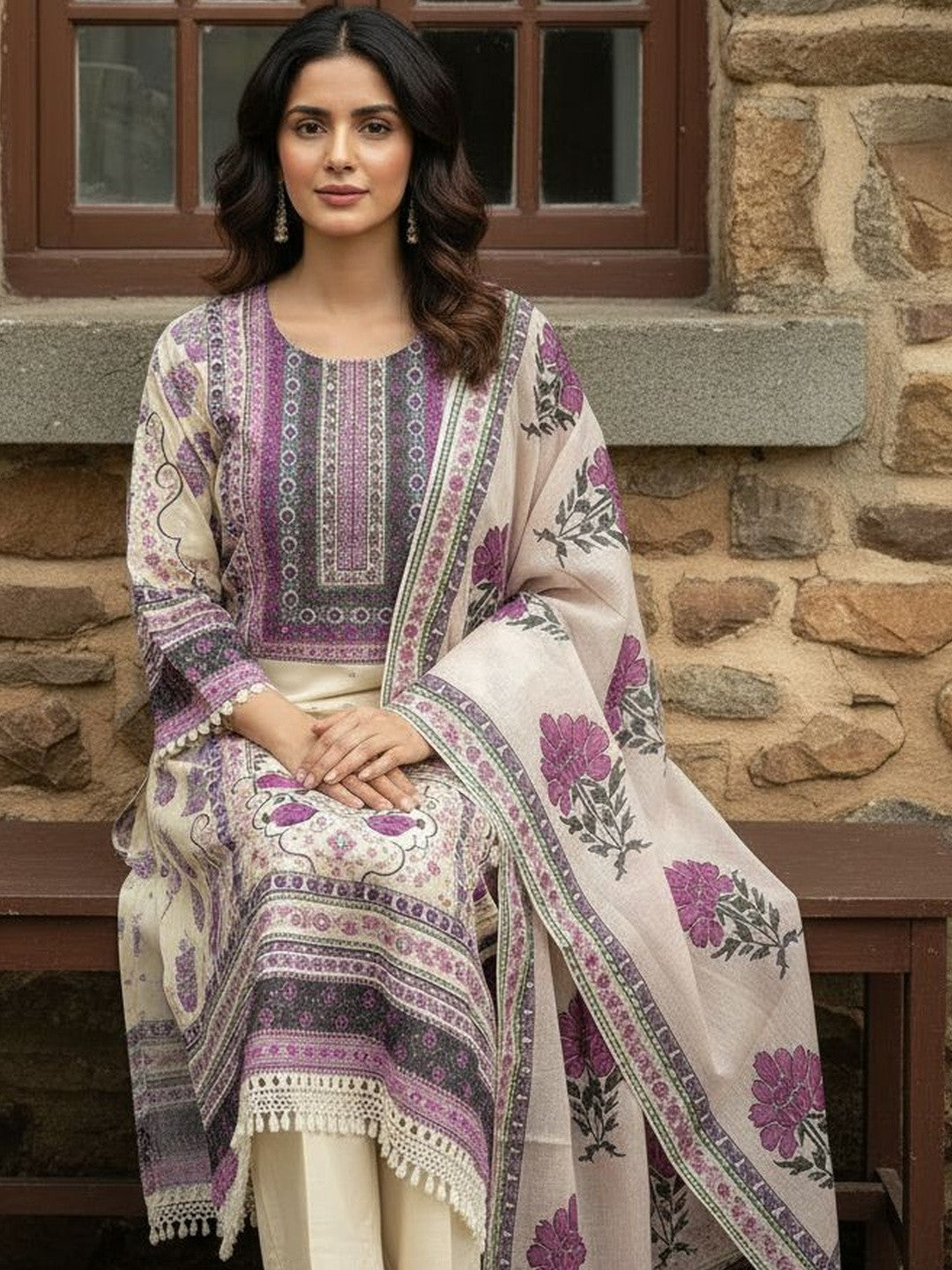 Women Floral Embroidered Regular Beads and Stones Pure Cotton Kurta with Trousers & With Dupatta